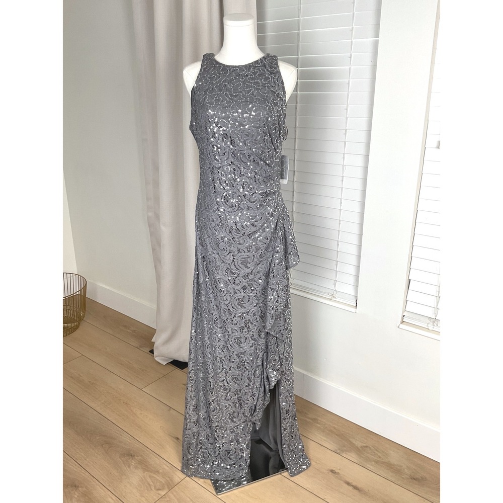 Alex Evenings Womens Charcoal Sequin Lace Gown Ruched Side Ruffle Size 10 NEW